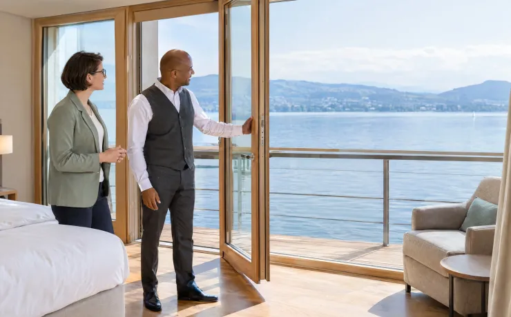 Front-Office-Leiter hält in einem Hotelzimmer die Balkontür zum See auf, die Revenue-Managerin steht neben ihm und legt die neue Zimmerkategorie mit Seeblick fest