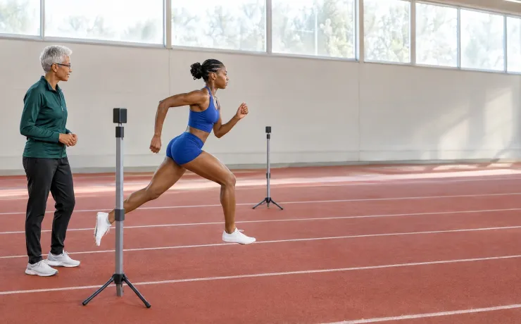 Trainerin beobachtet eine Sprinterin, die in der Leichtathletikhalle mit voller Geschwindigkeit durch die Lichtschranke läuft