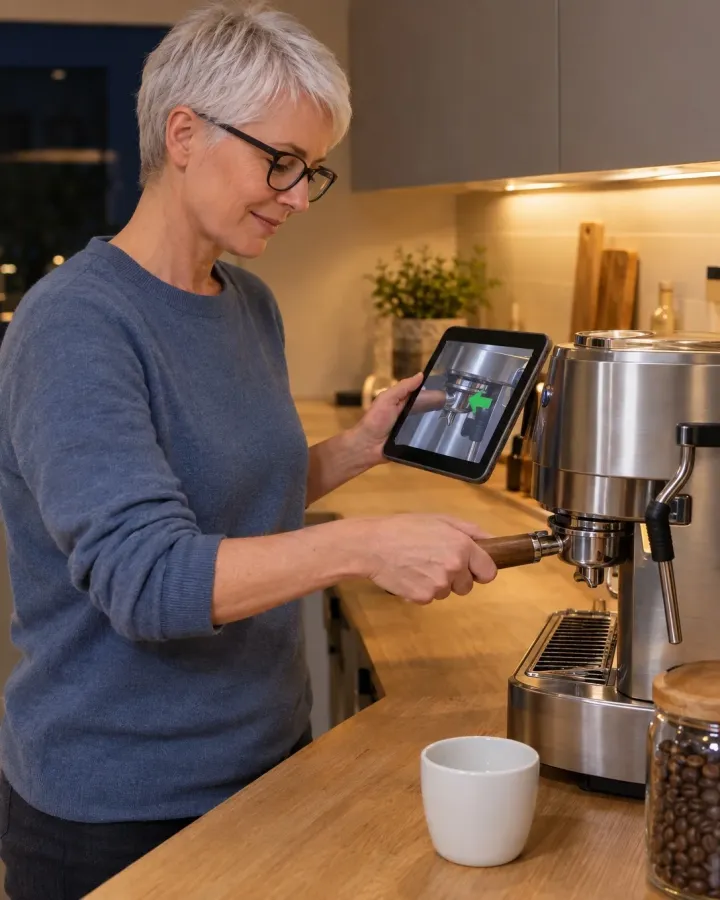 Frau setzt am Abend den Siebträger ihrer Espressomaschine ein und folgt dabei einem grafischen Pfeil auf einem Tablet