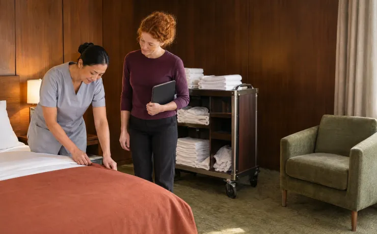 Transferbegleiterin beobachtet in einem Hotelzimmer, wie eine Zimmerfachkraft die Tagesdecke glattstreicht, und nickt zustimmend