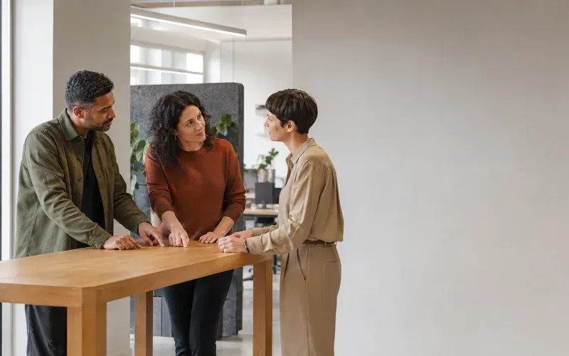 Drei Berufstätige im Gespräch an einem Stehtisch im Büro