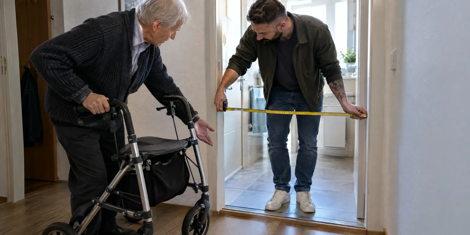 Case Manager misst beim Hausbesuch die Badtür aus, der Angehörige zeigt, wo der Rollator an der Schwelle hängen bleibt