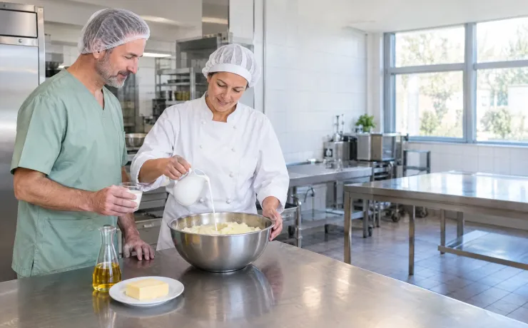Köchin gießt in der Küche einer Senioreneinrichtung Sahne in Kartoffelpüree, der ernährungsmedizinische Berater im grünen Kasack hält die nächste abgemessene Menge bereit