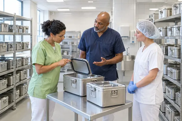 Hygienemanagerin prüft mit dem Bereichsleiter die Dichtung am Deckel eines Sterilgutcontainers im Aufbereitungsraum einer Klinik