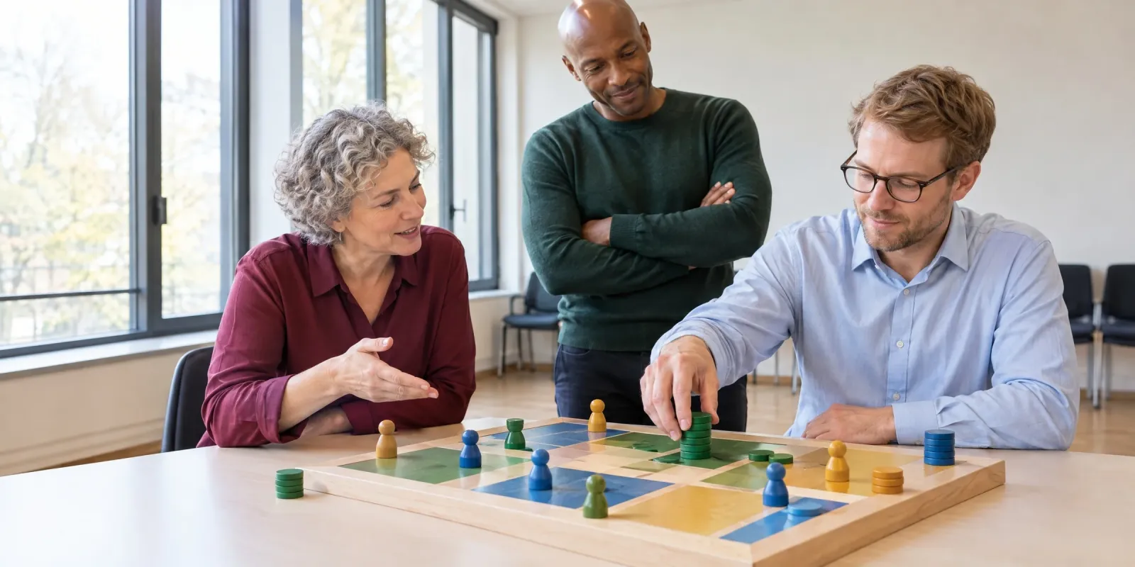 Programmverantwortlicher beobachtet, wie eine Trainerin und ein Testteilnehmer ein haptisches Planspiel mit Holzfiguren und Chips durchspielen