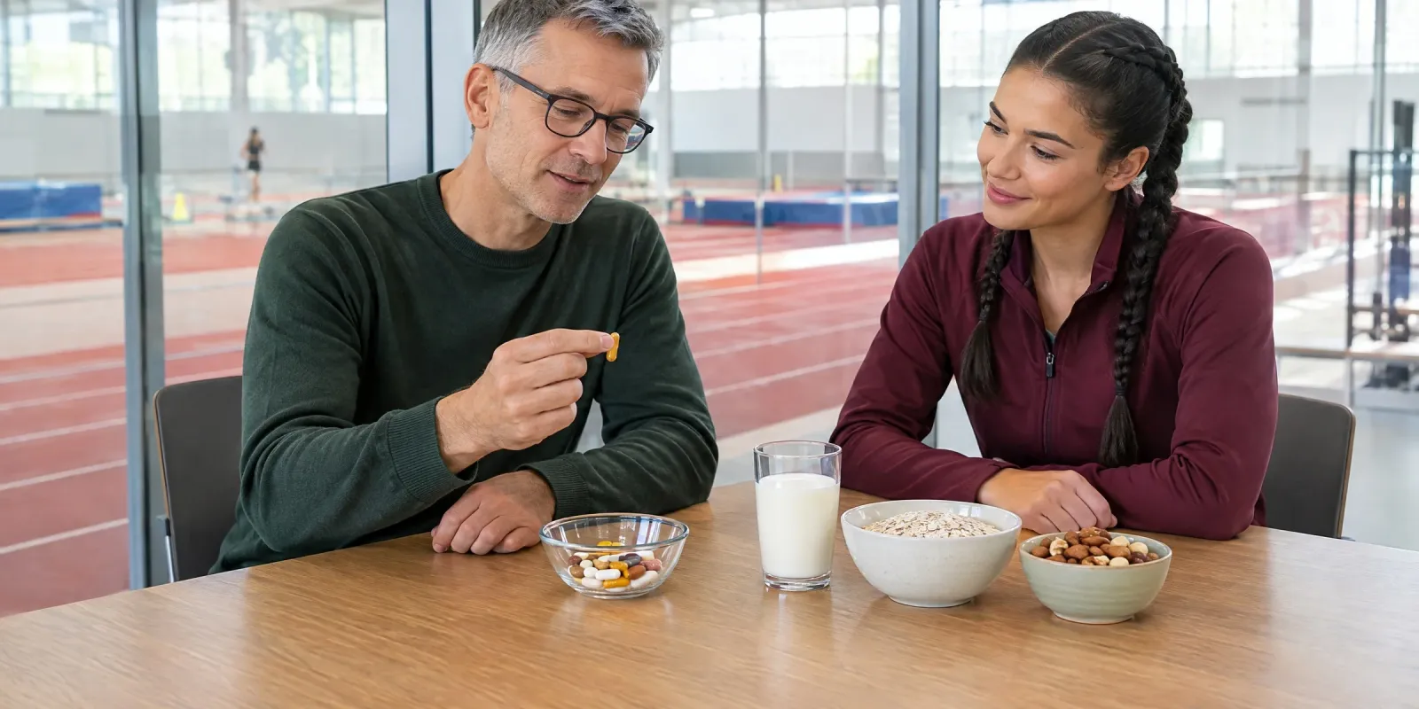 Sporternährungsberater zeigt einer Leichtathletin eine ihrer mitgebrachten Kapseln, daneben stehen Milch, Haferflocken und Nüsse