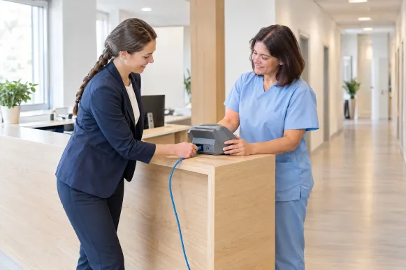 Digital-Health-Managerin schließt an der Anmeldung einer Arztpraxis das Netzwerkkabel am Kartenterminal an