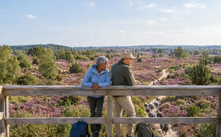 Zwei Menschen stehen auf einer Aussichtsplattform über der blühenden Heide und blicken auf Heidschnucken auf dem Weg