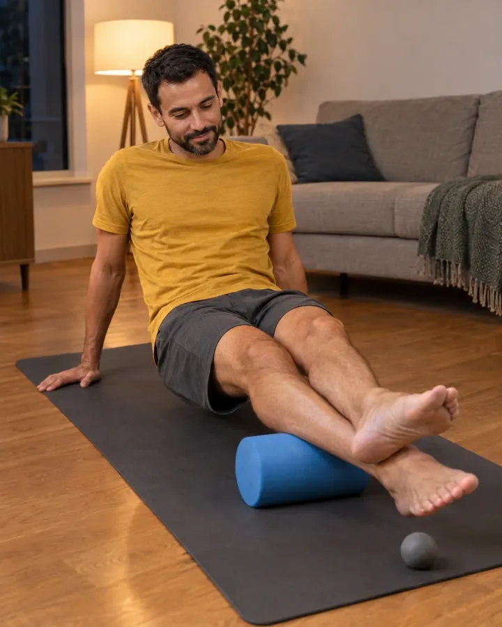 Mann rollt am Abend auf der Matte seine Wade auf einer Faszienrolle aus, das andere Bein am Knöchel darübergelegt, daneben liegt ein Massageball