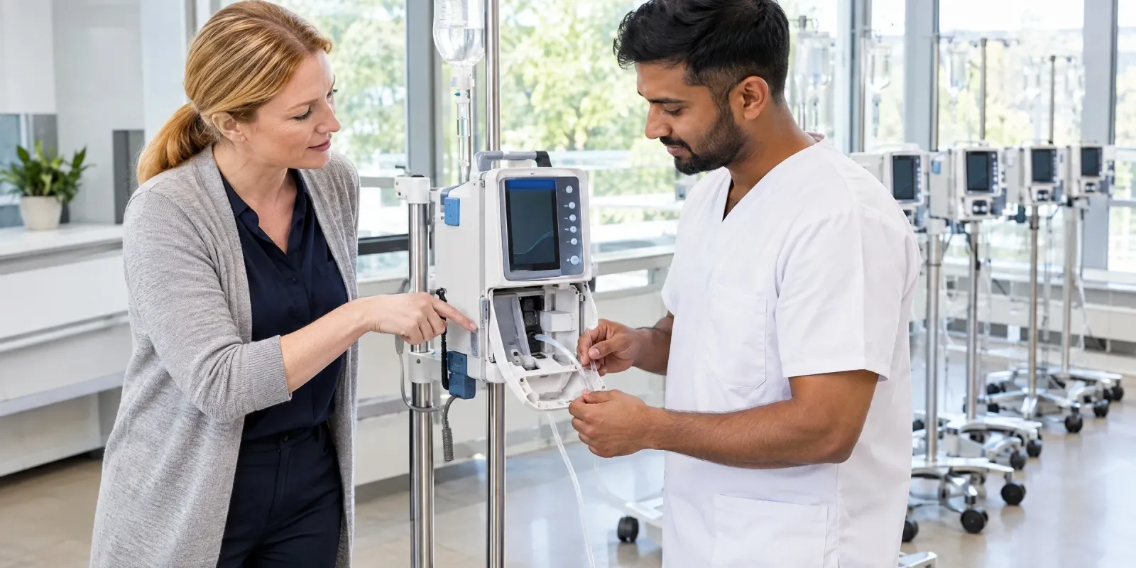 Beauftragte für Medizinproduktesicherheit weist einen Pflegefachmann an einer neuen Infusionspumpe ein, er legt den Schlauch ein
