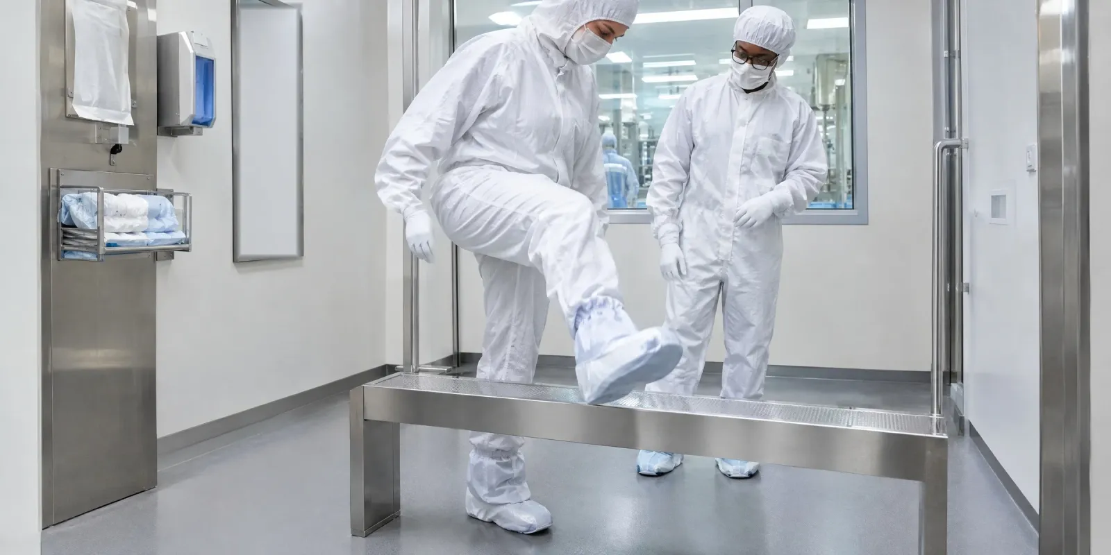Hygieneverantwortlicher gibt in der Personalschleuse einer Pharmaproduktion den Zutritt frei, während eine Mitarbeiterin eingekleidet über die Übertrittsbank steigt
