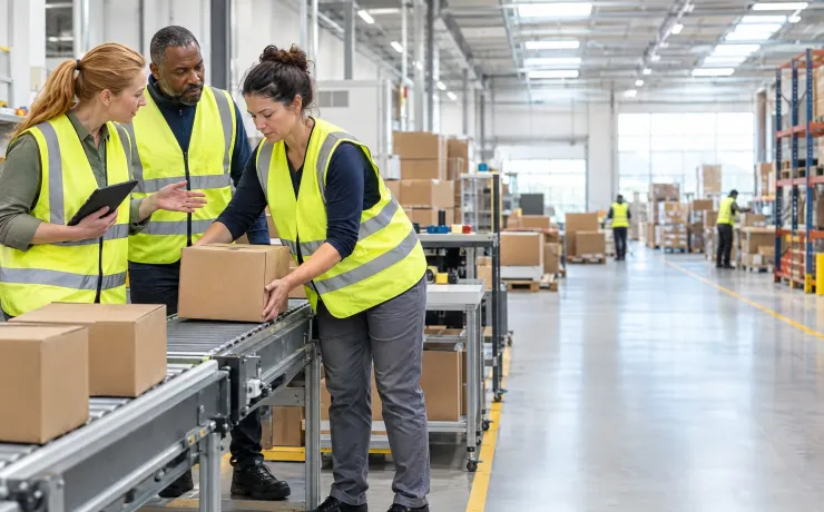 BGM-Verantwortliche lässt sich am Packplatz einer Logistikhalle einen Arbeitsgriff zeigen, der Schichtleiter hört zu