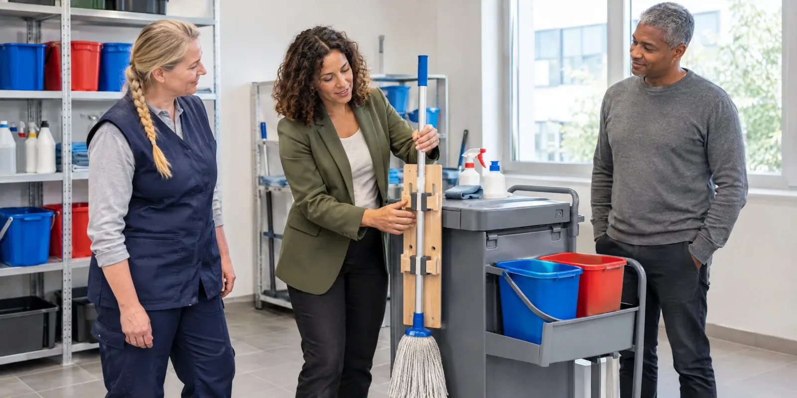 Ideenmanagerin probiert die selbst gebaute Mopphalterung einer Reinigungskraft am Reinigungswagen aus, der Objektleiter sieht zu