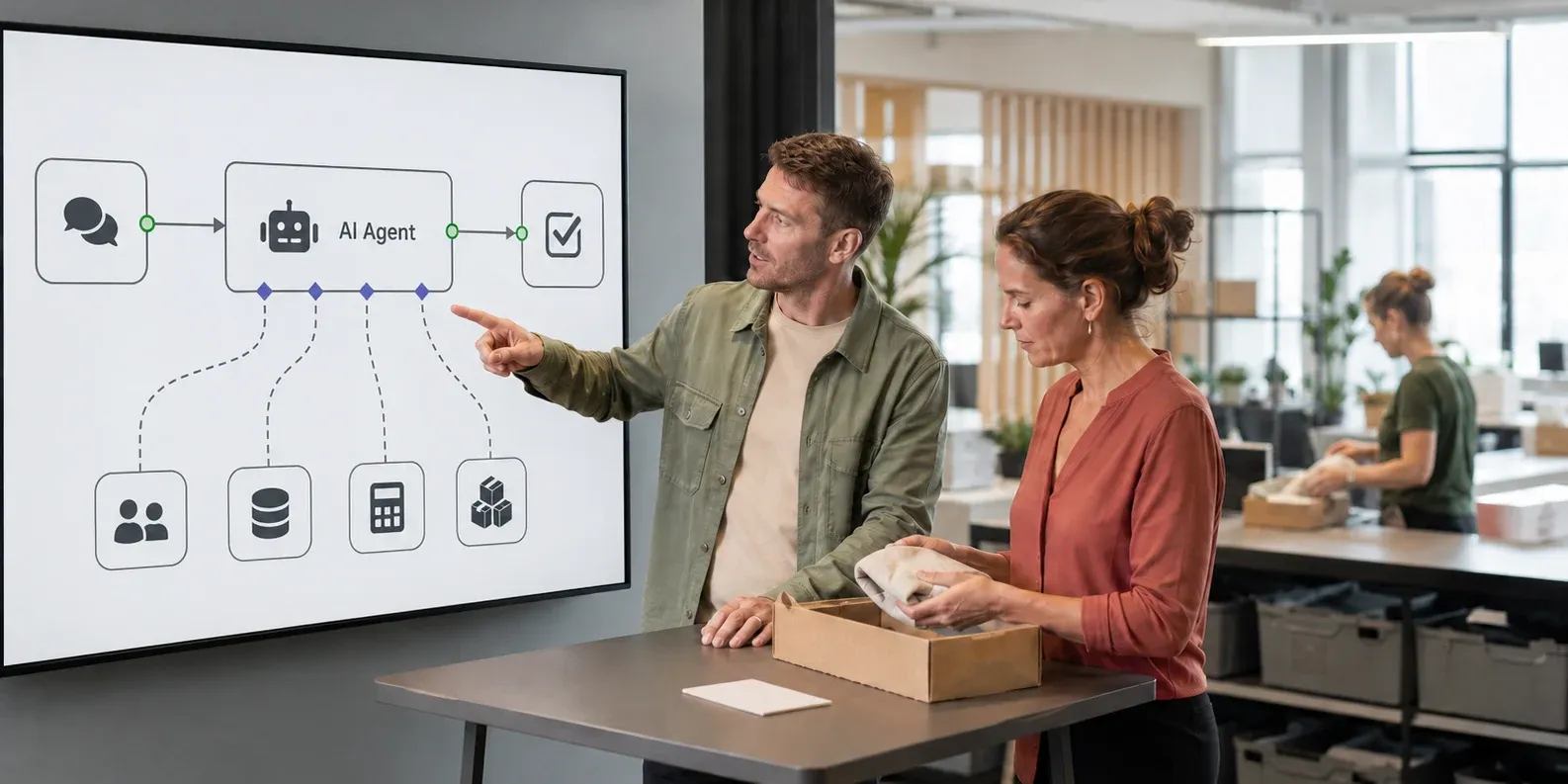 Zwei Fachkräfte besprechen vor einem KI-Ablaufdiagramm die Einführung im Betrieb