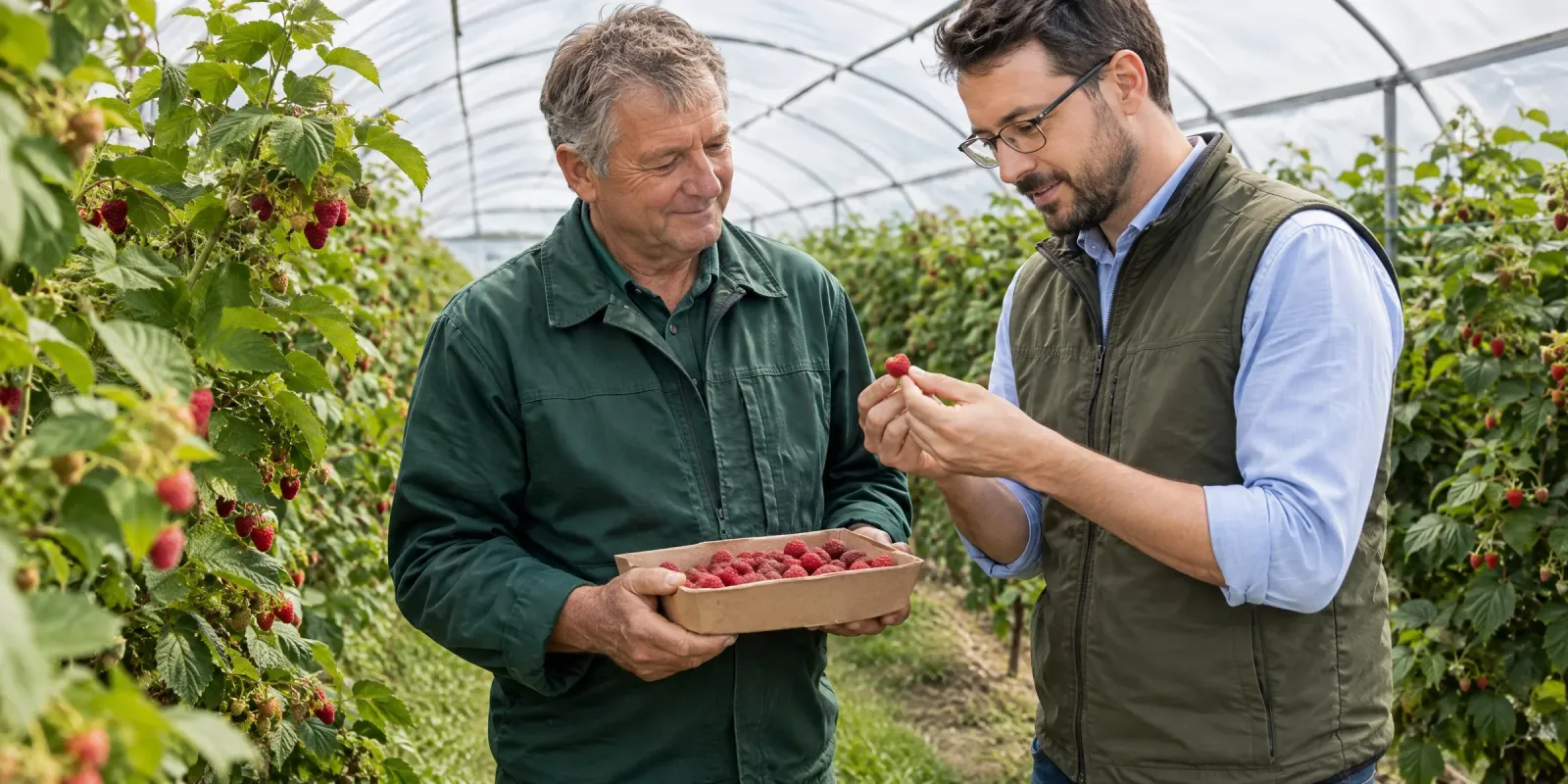 Produktmanager prüft beim Anbauer im Folientunnel eine Himbeere zwischen den Fingern, der Anbauer hält ihm die volle Pflückschale hin