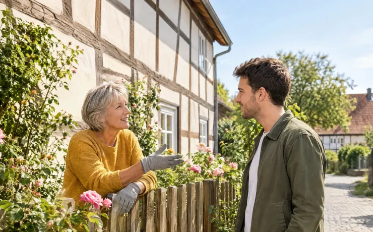 Eine ältere Nachbarin erklärt einem jungen Mann über den Gartenzaun etwas, er hört erleichtert zu