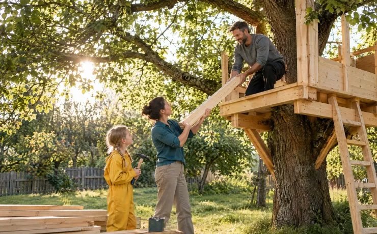 Eine Familie baut im Garten gemeinsam an einem Baumhaus: Die Mutter reicht ein Brett hoch, der Vater nimmt es an, die Tochter hält den Hammer bereit