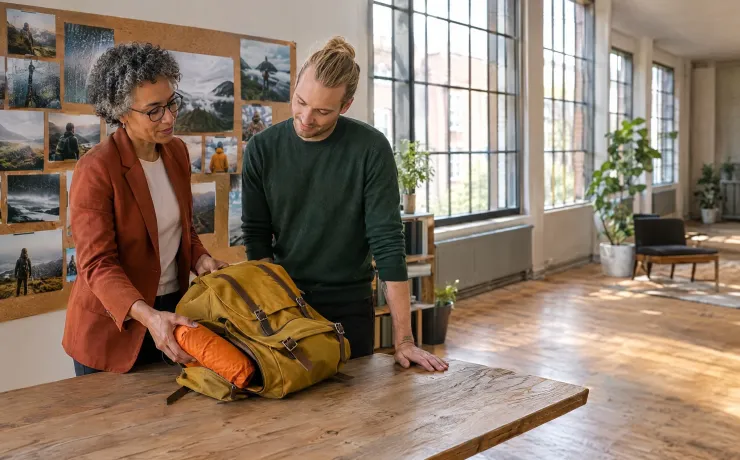 Digital-Marketing-Managerin zieht beim Briefing in der Agentur die orange Regenhülle aus dem Bodenfach eines Rucksacks, der Kreativdirektor schaut lächelnd zu; dahinter eine Wand mit Stimmungsfotos