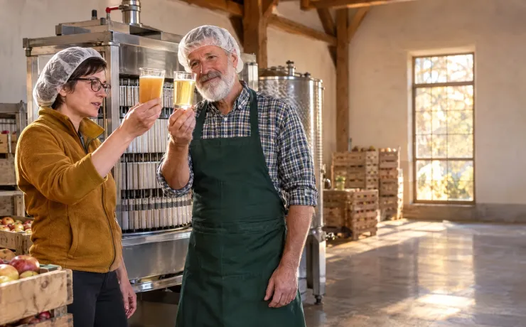Fachfrau vergleicht in einer Mosterei naturtrüben und klaren Apfelsaft im Gegenlicht, der Mostereimeister hebt das klare Glas