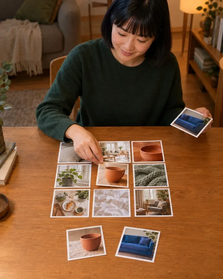 Frau plant am Abend einen Social-Media-Feed aus quadratischen Fotoabzügen und legt probeweise ein Tassenfoto in die freie Mitte des Drei-mal-drei-Rasters, ein Sofafoto hält sie zurück
