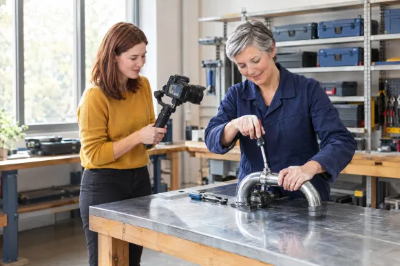 Fachfrau zeigt an einer Werkbank einen Handgriff, eine Learning Designerin hält dabei eine Kamera auf die Hände