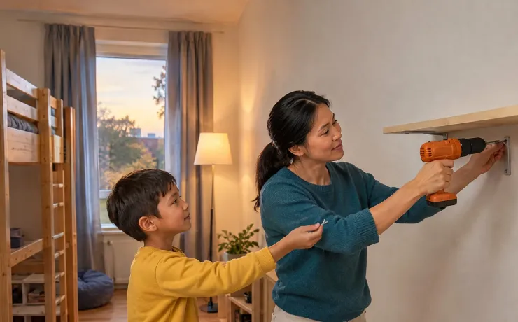 Eine Mutter setzt im Kinderzimmer mit dem Akkuschrauber ein Regal an die Wand, ihr Sohn reicht ihr die nächste Schraube