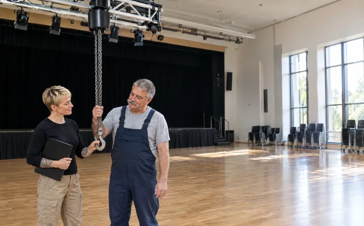 Meisterin für Veranstaltungstechnik klärt in einer leeren Stadthalle mit dem Hallenmeister am herabgelassenen Kettenzug den Aufhängepunkt für ihr Angebot