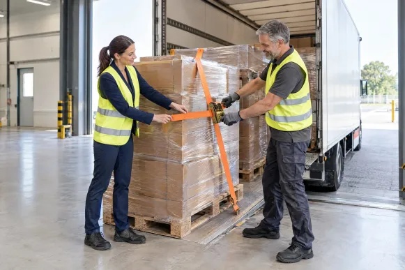 Supply-Chain-Managerin und Lagerleiter ziehen an der Rampe einen Spanngurt über die Ladung im LKW