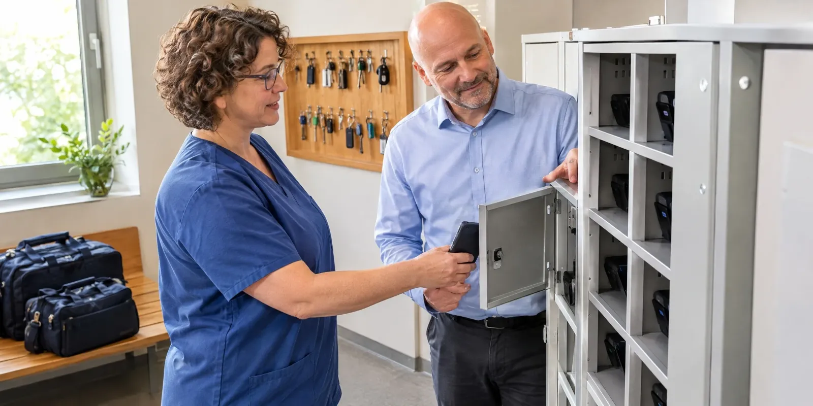 Pflegekraft stellt nach ihrer Tour das Diensthandy in den Ladeschrank des Pflegedienstes, der Digital-Health-Manager hält die Tür und hört zu