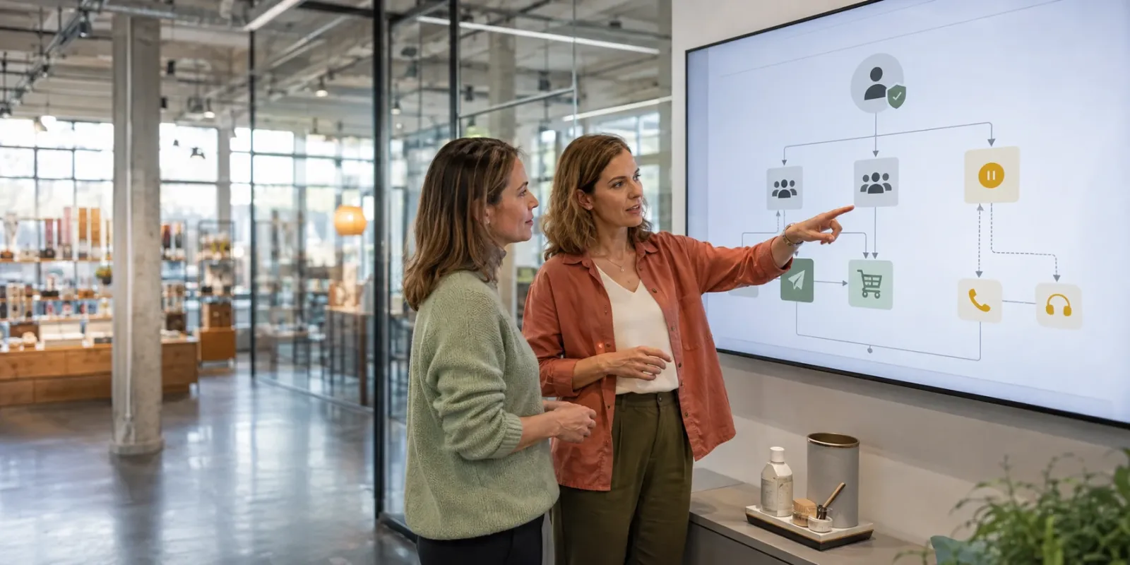 Zwei Marketingfachkräfte besprechen ein Segmentierungs- und Automationsdiagramm
