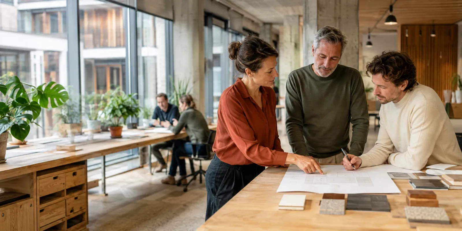 Drei Fachkräfte besprechen an einem großen Arbeitstisch gemeinsam eine Planungsvorlage