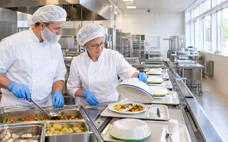 Diätfachkraft hebt am Ende des Portionierbands einer Klinikküche die Abdeckung eines Kostform-Tabletts, der Koch wartet mit der Kelle