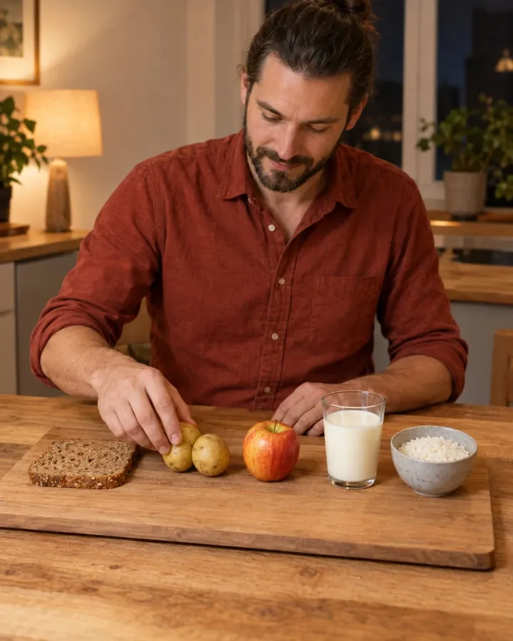 Mann legt am Abend zwei Pellkartoffeln neben eine Scheibe Brot und übt, welche Lebensmittel gleich viele Kohlenhydrate liefern