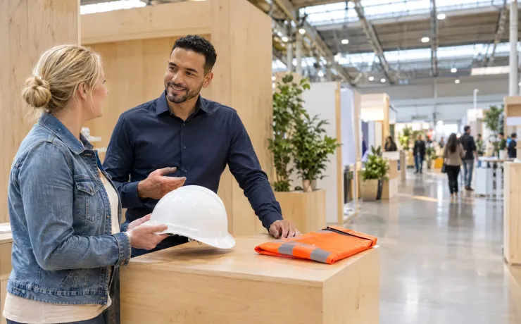 HR-Manager erklärt einer Quereinsteigerin am Messestand einer Jobmesse den Einstieg, sie hält einen Schutzhelm in der Hand