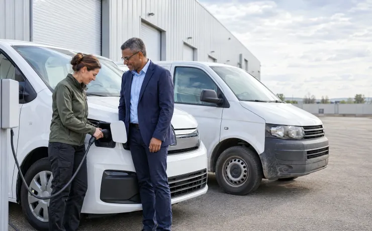 Kaufmännischer Leiter und Fuhrparkleiterin stehen auf dem Betriebshof an einem neuen Elektro-Transporter, der gerade geladen wird, daneben ein älterer Transporter