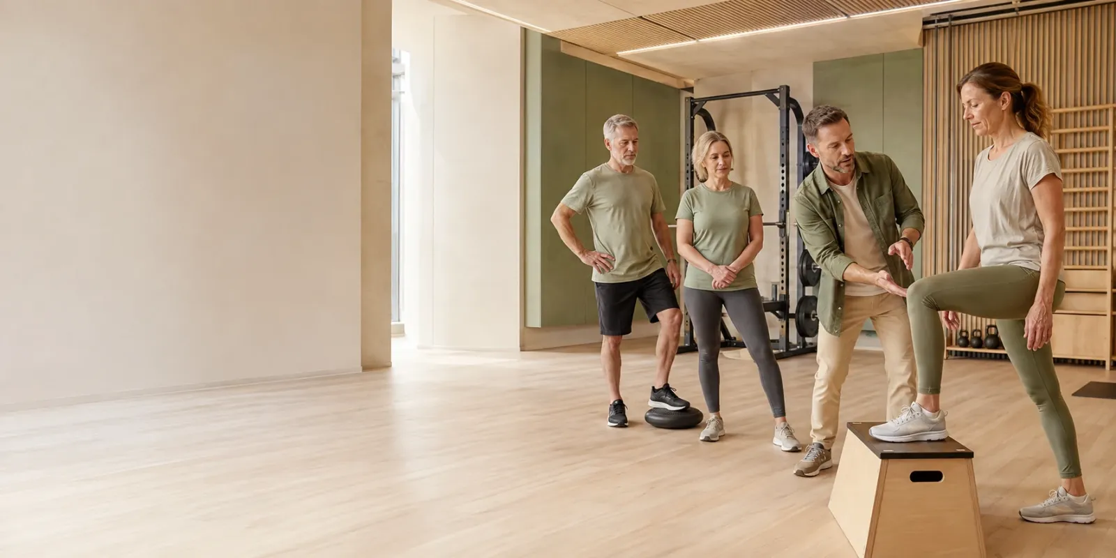 Trainer begleitet eine Gruppe beim Übungsaufbau im Trainingsraum