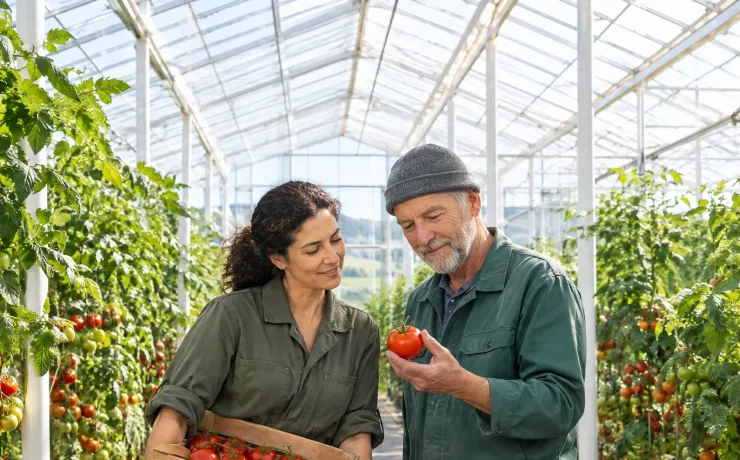 Frau mit Erntekiste beurteilt im Gewächshaus eine frisch gepflückte reife Tomate in der Hand eines Gärtners