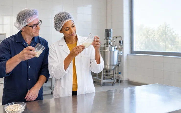 Ernährungswissenschaftlerin kippt im Technikum ein Glas mit enzymbehandelter Haferbasis, die dünn an der Wand herabläuft; der Lebensmitteltechnologe neben ihr kippt die dick gebliebene Vergleichsprobe und schaut auf ihr Glas