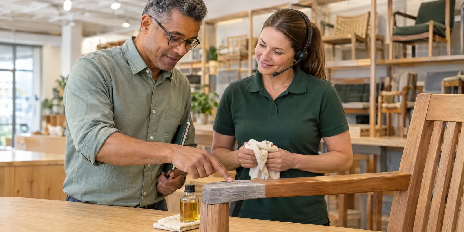 Marketingverantwortlicher zeigt an einer halb geölten Teak-Armlehne auf das verwitterte Holz neben der frisch geölten Hälfte, die Kundendienstmitarbeiterin mit Headset und Öltuch schaut lächelnd zu
