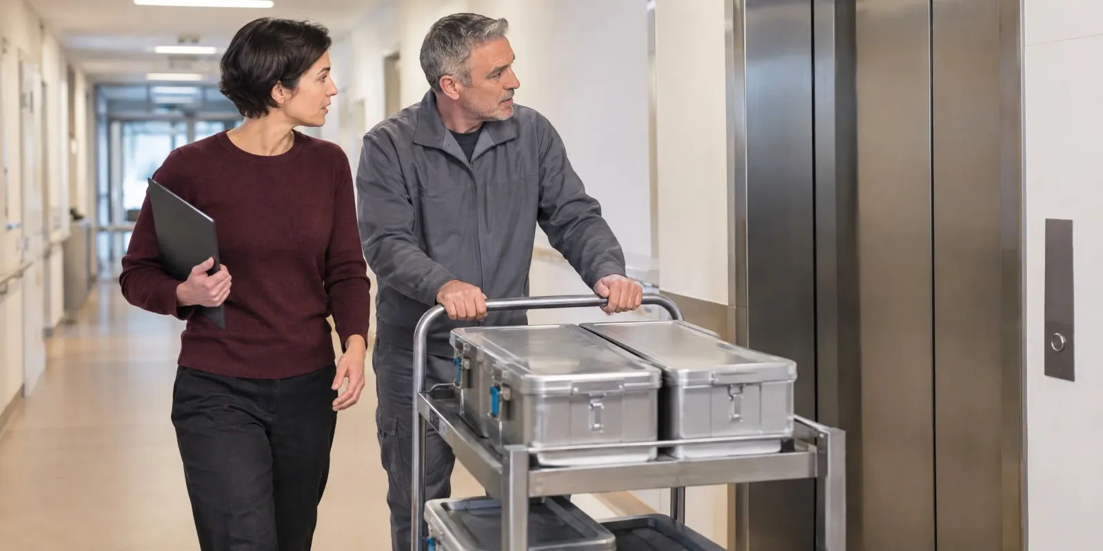 Projektleiterin geht mit einem Logistikmitarbeiter den Materialweg durch den Versorgungsgang einer Klinik