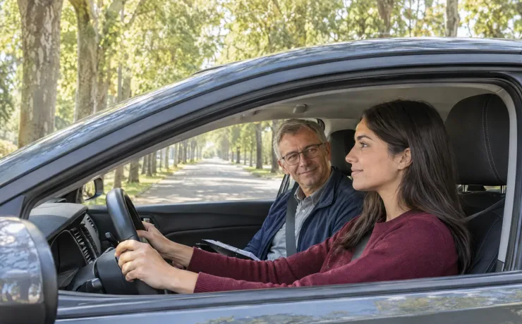 Fahrschülerin legt bereit die Hände ans Steuer, der Prüfer neben ihr nickt ihr freundlich zu