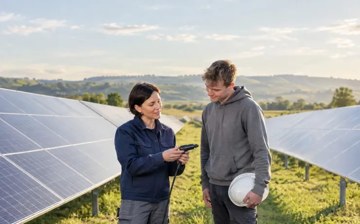 Elektromeisterin erklärt einem jungen Kollegen zwischen den Modulreihen eines Solarparks einen Steckverbinder