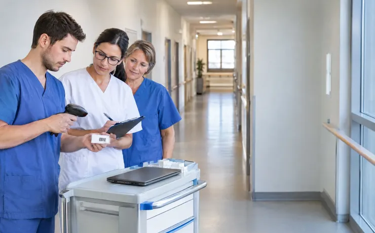 Digital-Health-Managerin notiert am ersten Morgen nach der Einführung, bei welchem Scanschritt am Medikamentenwagen der neue Ablauf für die Pflegefachkraft hakt