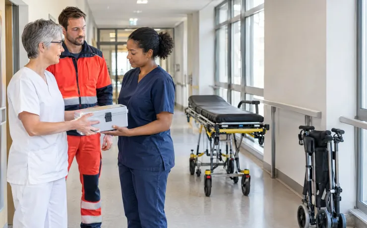 Versorgungsmanagerin übergibt am Entlasstag einer Pflegefachkraft des ambulanten Dienstes die verschlossene Medikamentenbox, der Fahrer des Krankentransports steht dabei