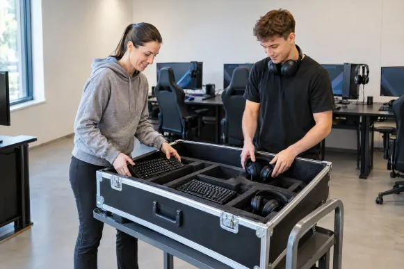 Teammanagerin und Spieler verpacken im Trainingsraum Tastaturen und Headsets im Flightcase für das Turnier