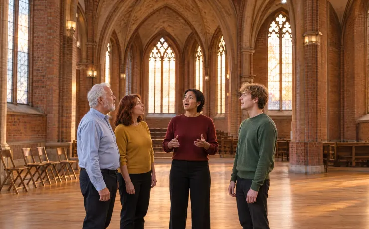 Vier Menschen singen bei der Chorprobe in einer Backsteinkirche im Halbkreis gemeinsam