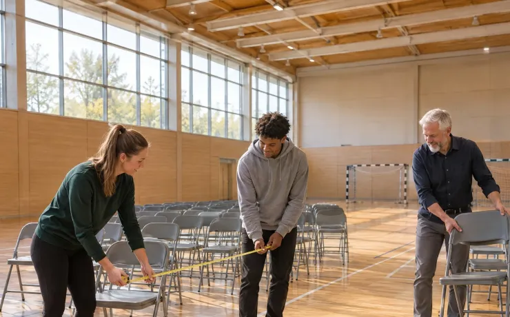 Sportmanagement Studium: Drei Erwachsene richten eine Sporthalle für ein Jugendturnier her und messen den Gang zwischen den Stuhlreihen