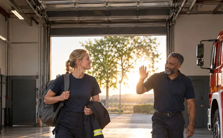 Eine Feuerwehrfrau verlässt nach dem Nachtdienst die Fahrzeughalle in die Morgensonne, ein Kollege der Frühschicht grüßt sie