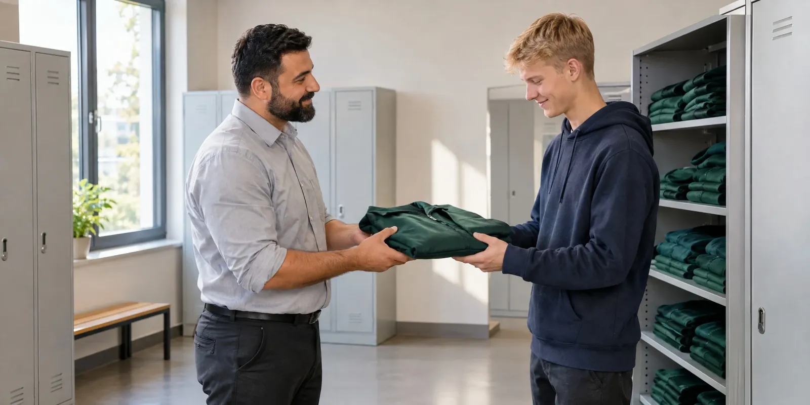 Ausbildungsleiter übergibt einem neuen Auszubildenden am ersten Tag im Personalraum seine Arbeitsjacke