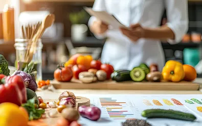 Frische Lebensmittel und Ernährungsauswertungen auf einem Arbeitstisch